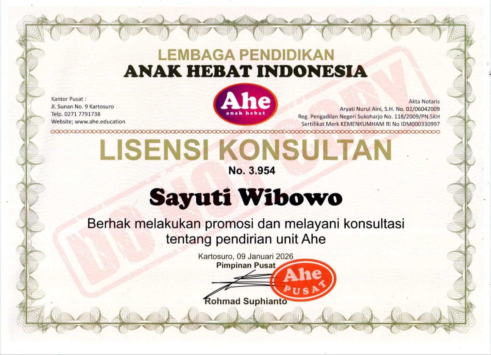 Lisensi Konsultan AHE Sayuti Wibowo